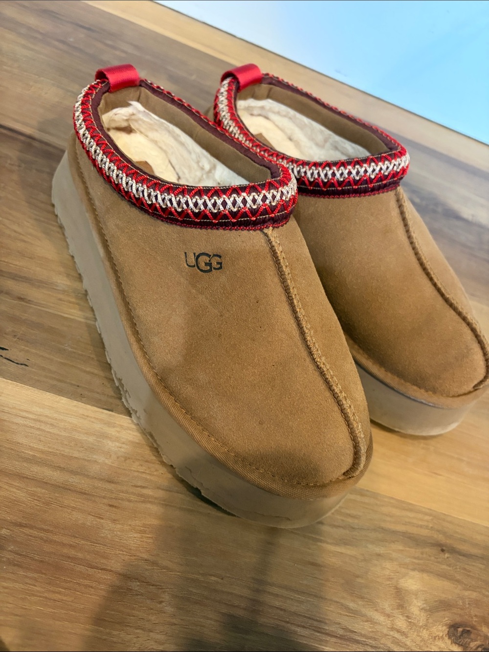 UGG Women's Chestnut Suede Clog with Red Trim